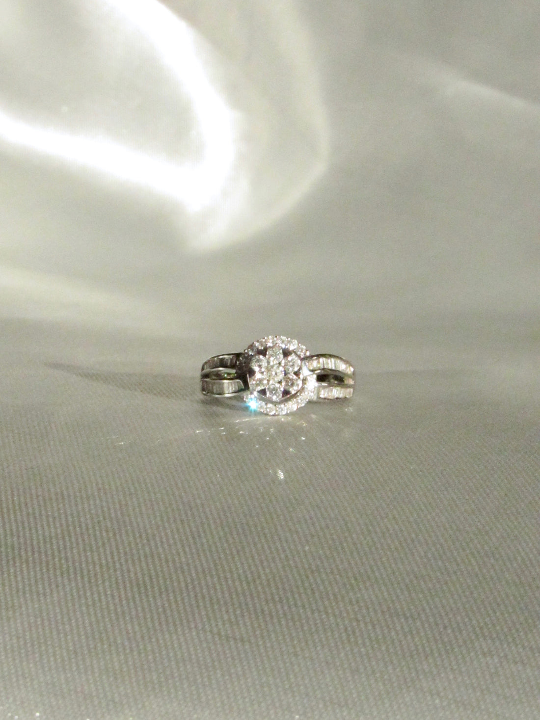 18K White Gold Natural Baguette & Round Diamond Flower Cluster Ring