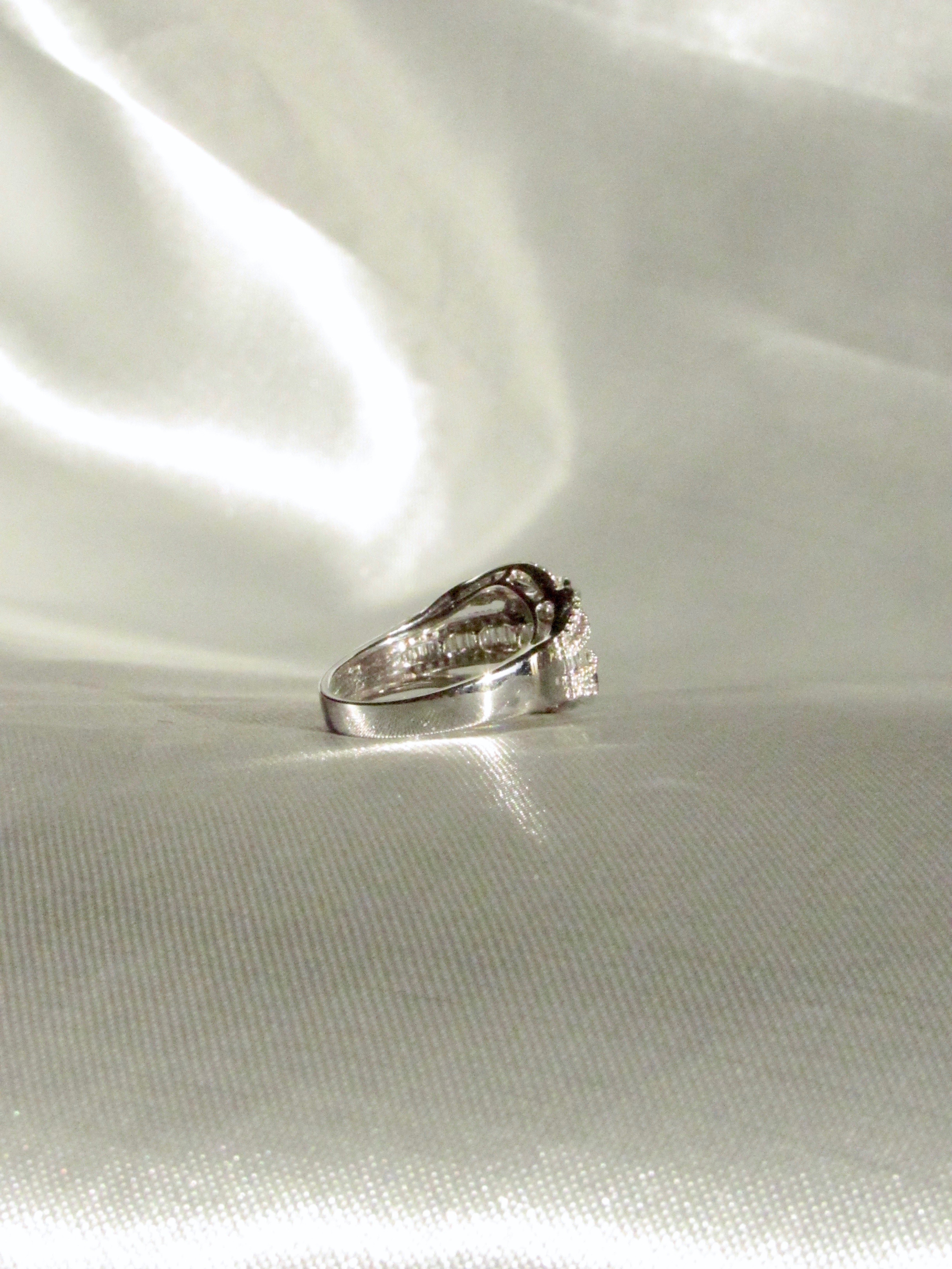 18K White Gold Natural Baguette & Round Diamond Rococo Crossover Ring