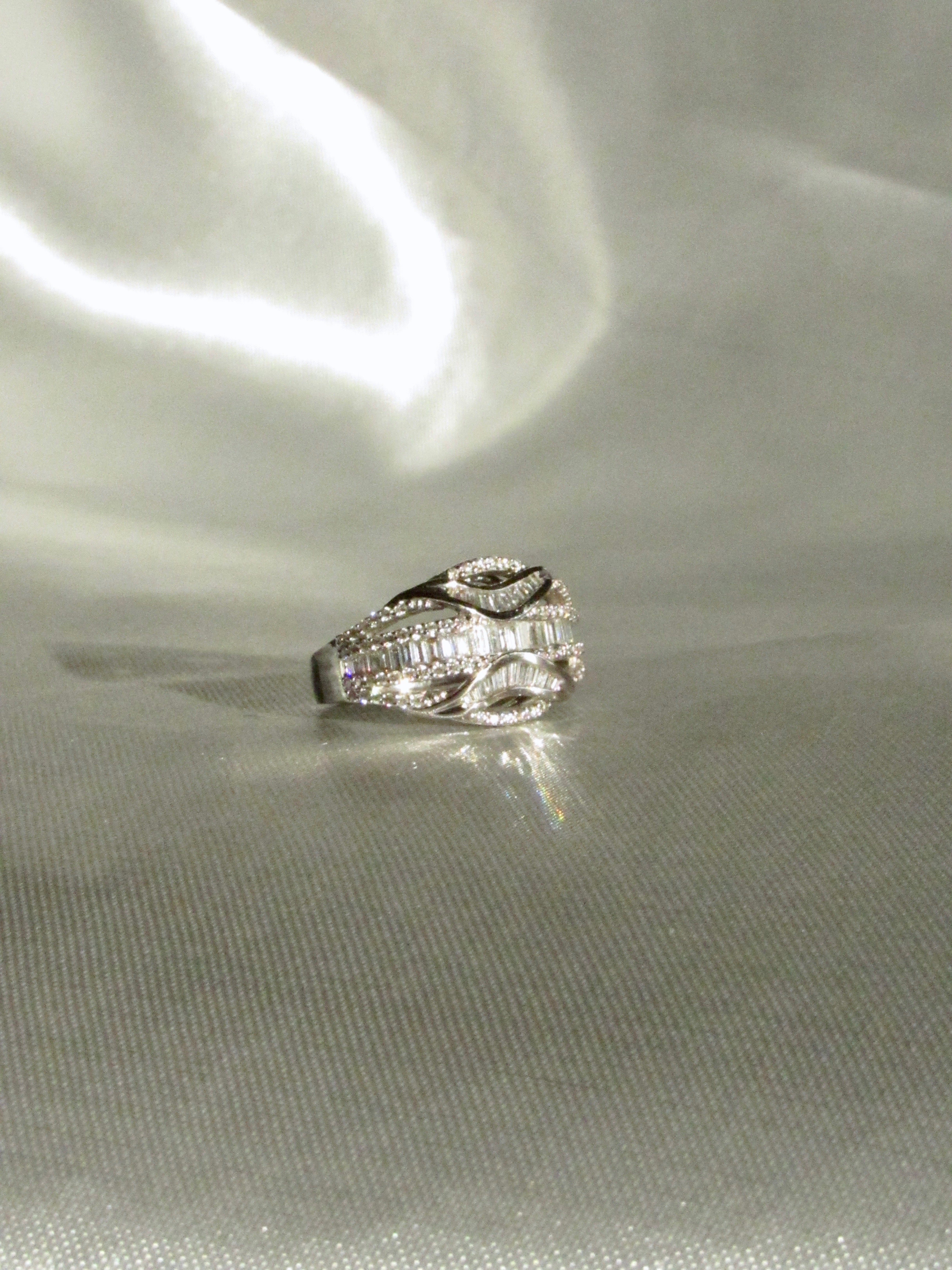 18K White Gold Natural Baguette & Round Diamond Rococo Crossover Ring