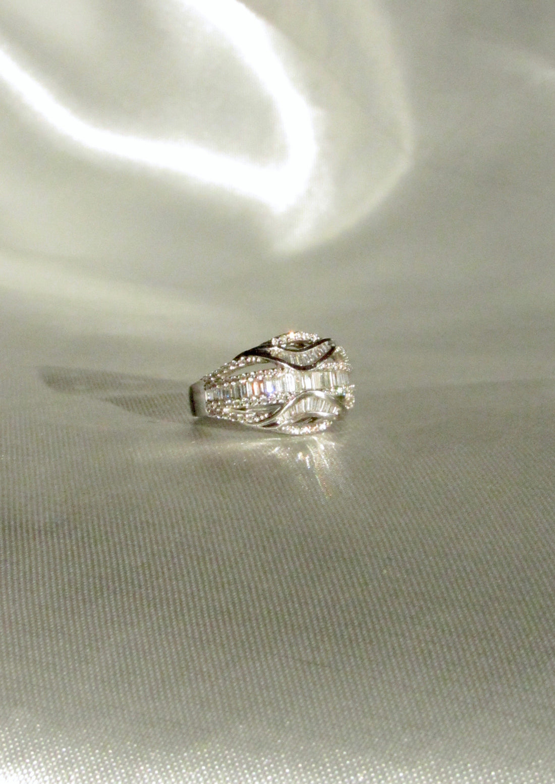 18K White Gold Natural Baguette & Round Diamond Rococo Crossover Ring