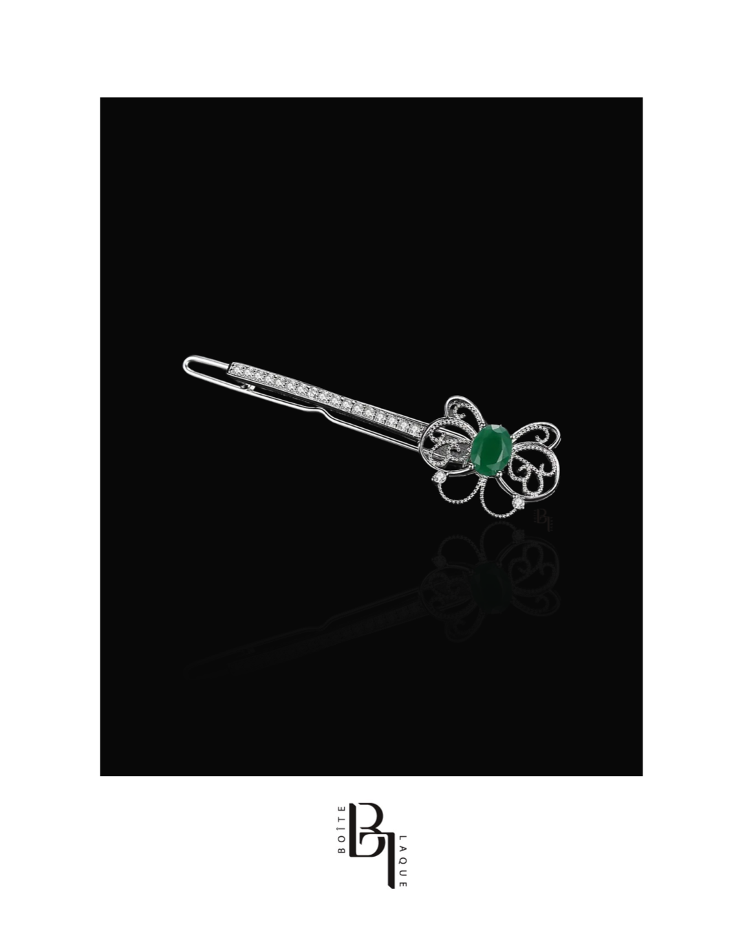 Emerald Bow 14k White Gold Hair Pin with Set of Signature Silver Bobby Pins