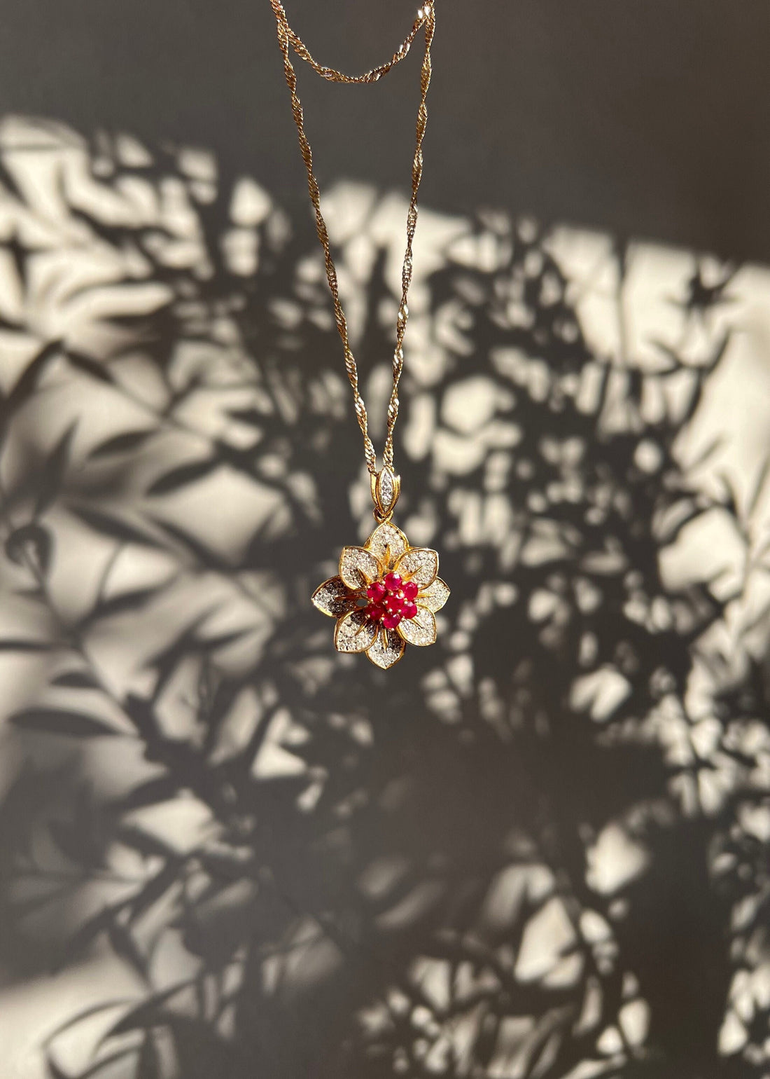 Ruby and Diamond Flower 18k Solid Gold Pendant