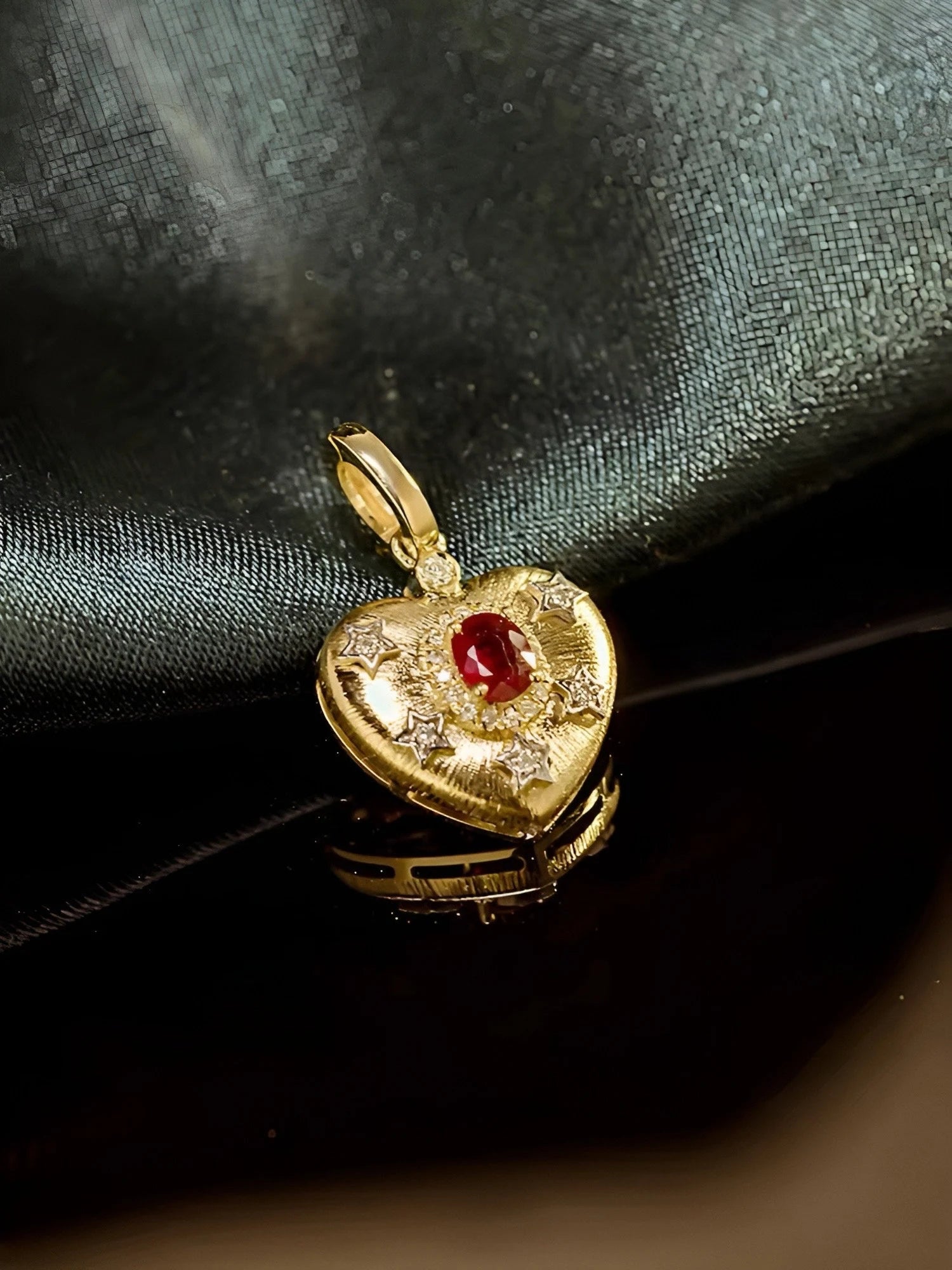 Solid 18k Gold Heart Natural Ruby and Diamond Enhancer Bail Pendant