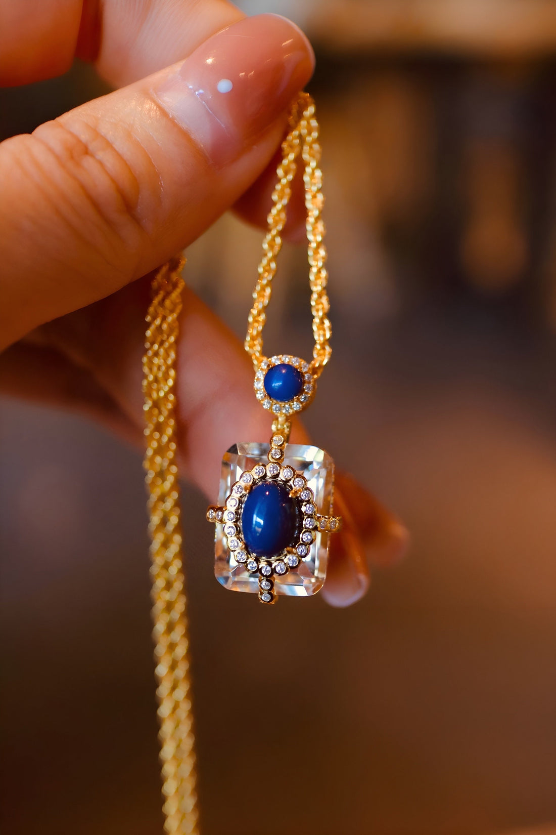 Lapis Lazuli and Clear Quartz 18k Gold Vermeil Pendant