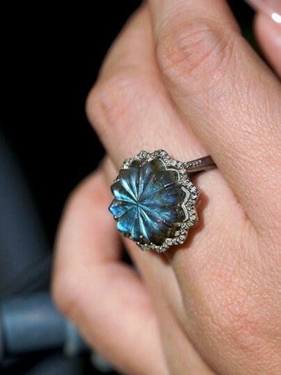 Natural Labradorite Carving and Diamonds Silver Ring