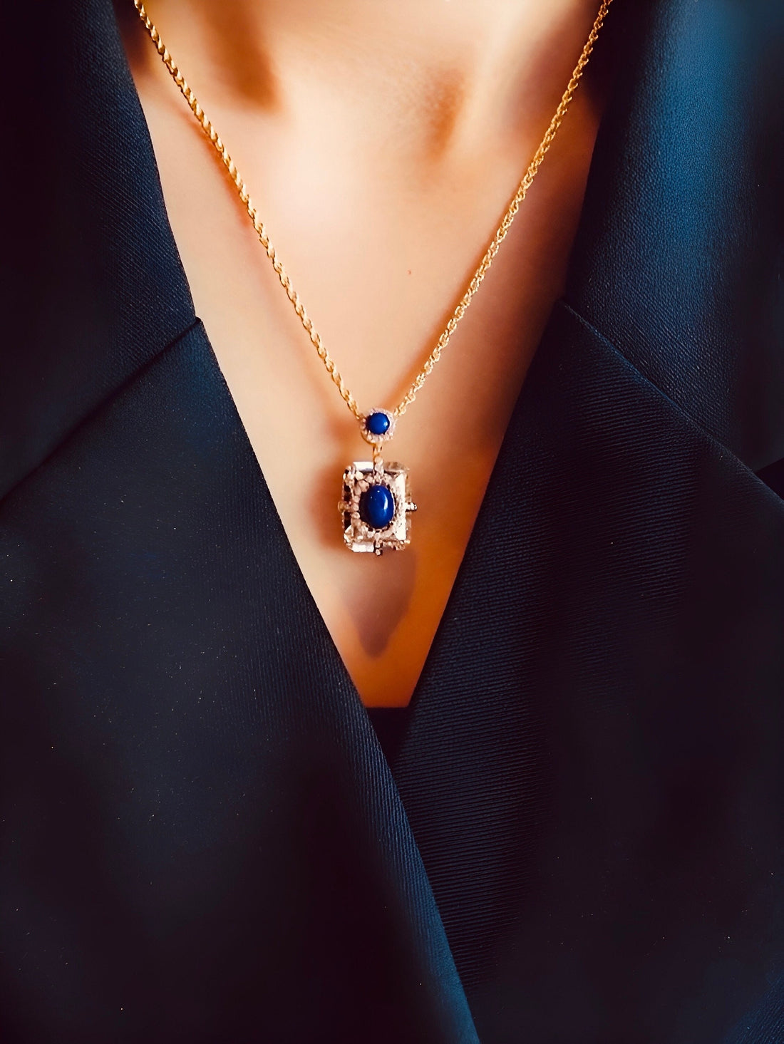 Lapis Lazuli and Clear Quartz 18k Gold Vermeil Pendant