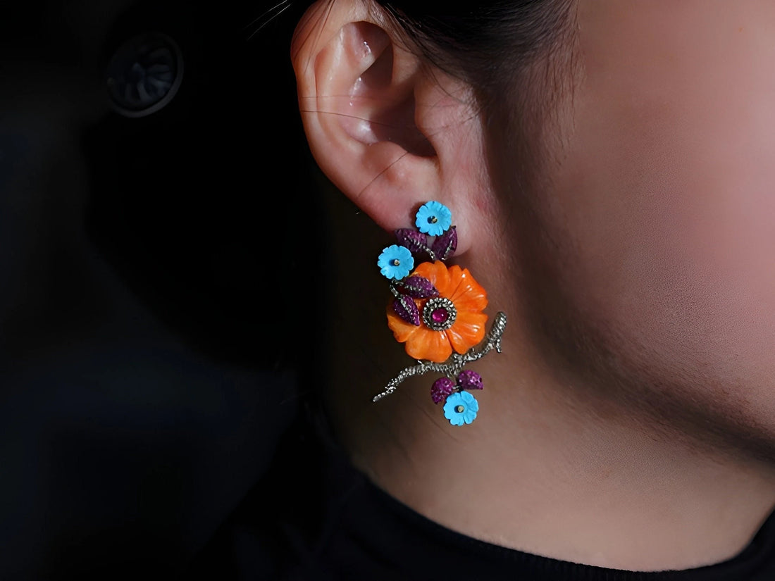 Vintage Floral Coral Carving Art Solid 18K Gold Earrings