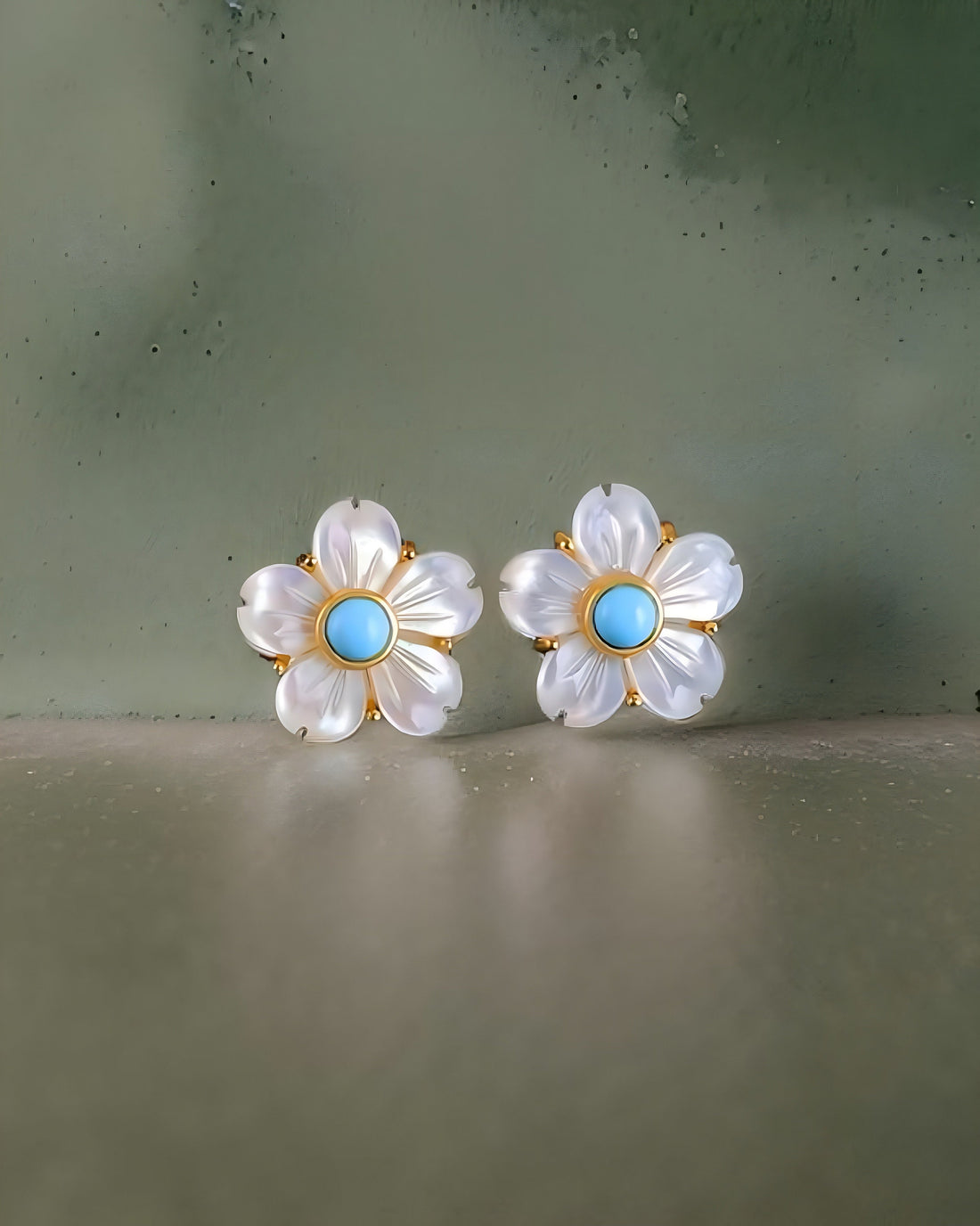 Mother of Pearl Flower Stud Earrings with Natural Turquoise