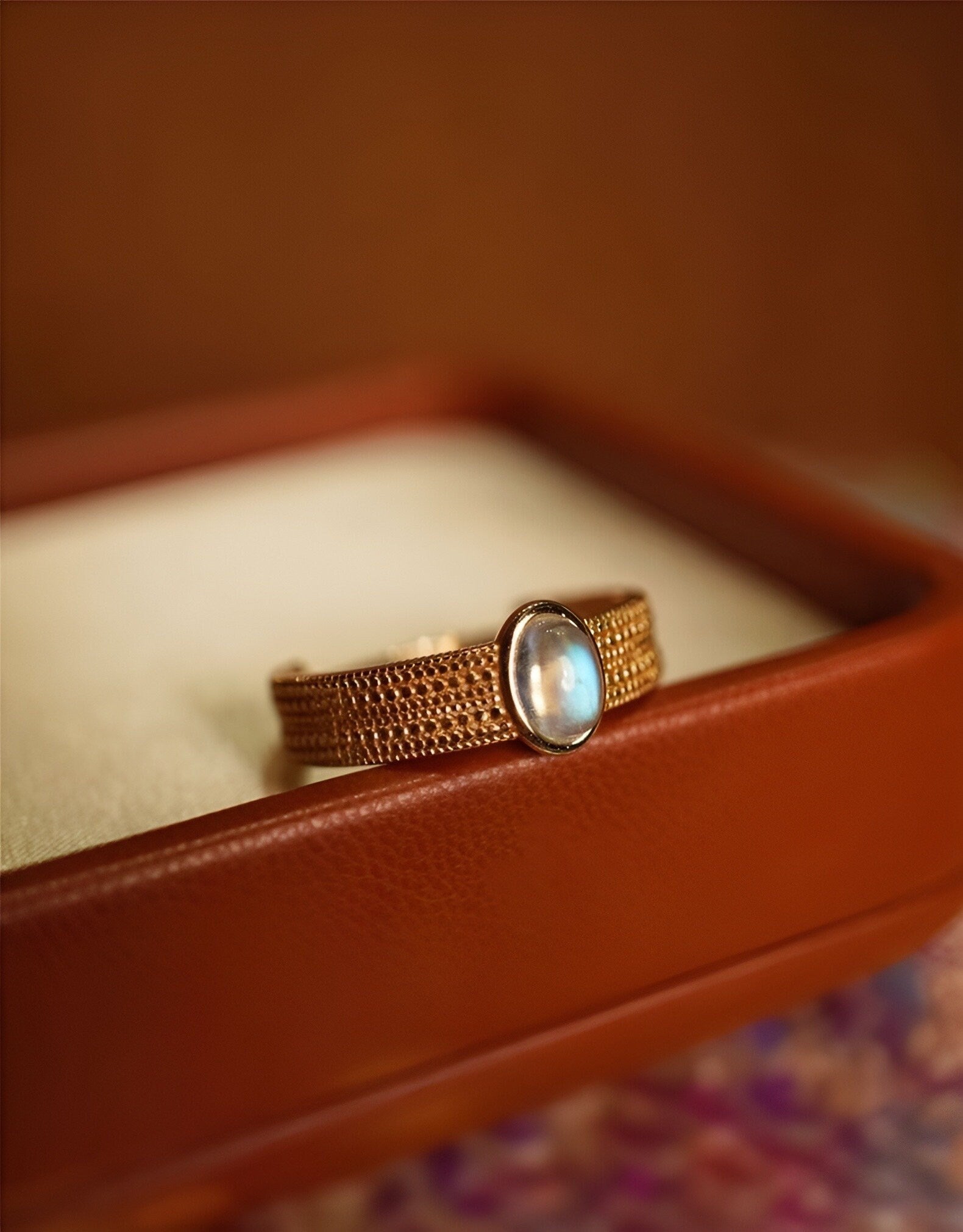 Natural Moonstone 14k Gold Ring – Art Deco Statement Ring | Unique Gemstone Jewelry