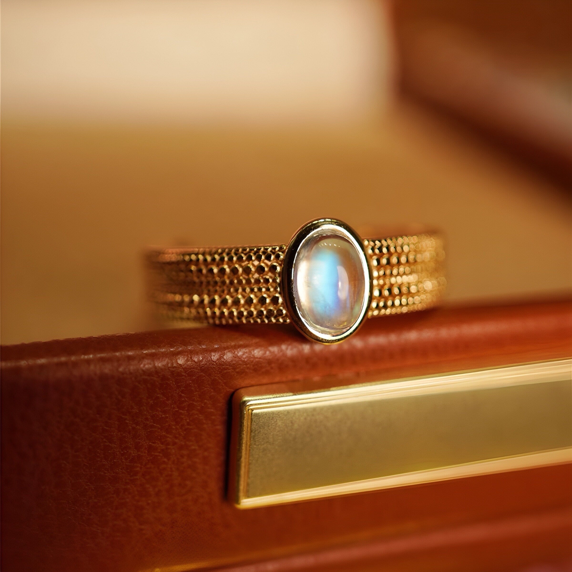 Natural Moonstone 14k Gold Ring – Art Deco Statement Ring | Unique Gemstone Jewelry