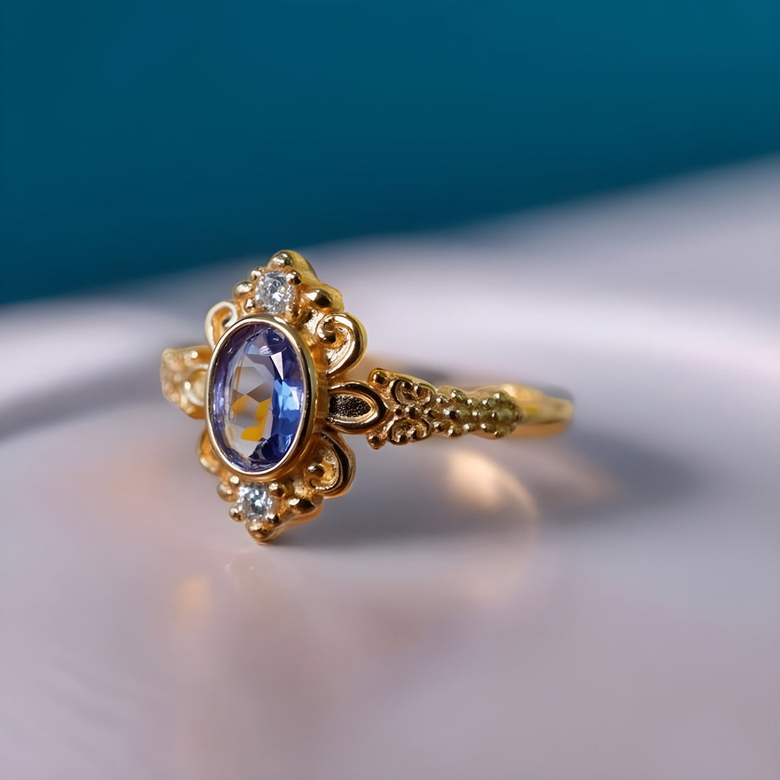 Natural Tanzanite Victorian Engagement Ring in 18K Gold
