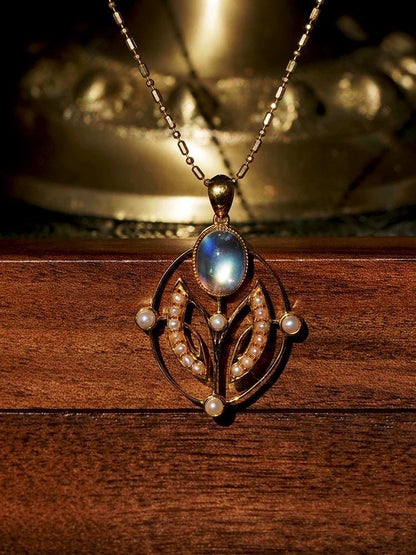 Blue Moonstone Art Nouveau 18K Solid Gold Pendant Necklace | Moonstone Pendant | Natural Gemstone Necklace  | moonstone pendant
