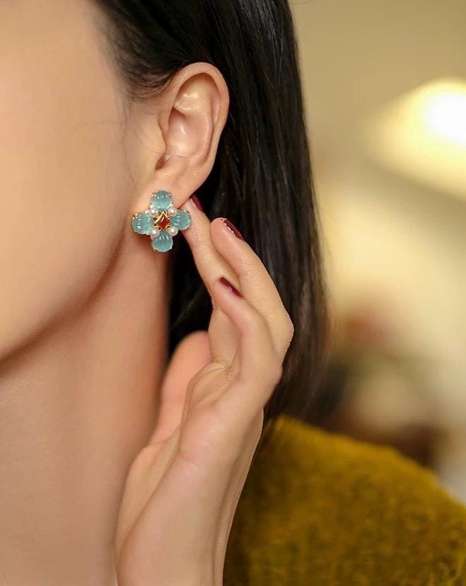 Vintage Teal Cat’s Eye Chrysoberyl Clover Statement Earrings with Natural Akoya Pearl