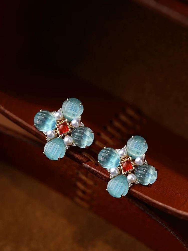 Vintage Teal Cat’s Eye Chrysoberyl Clover Statement Earrings with Natural Akoya Pearl