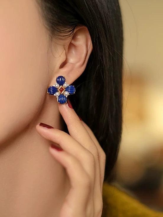 Lapis Lazuli Clover Statement Earrings with Natural Akoya Pearl