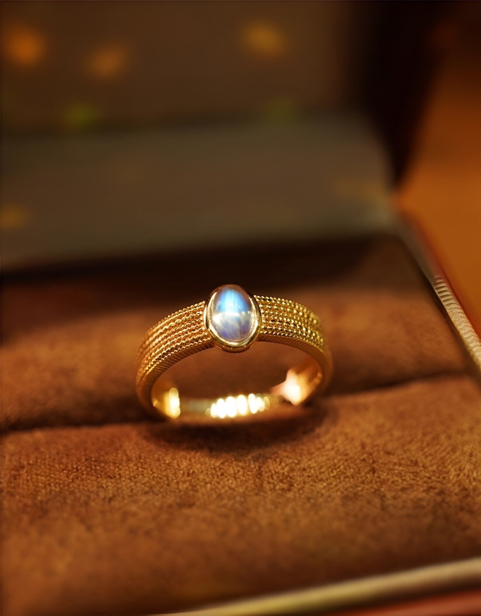 Natural Moonstone 14k Gold Ring – Art Deco Statement Ring | Unique Gemstone Jewelry