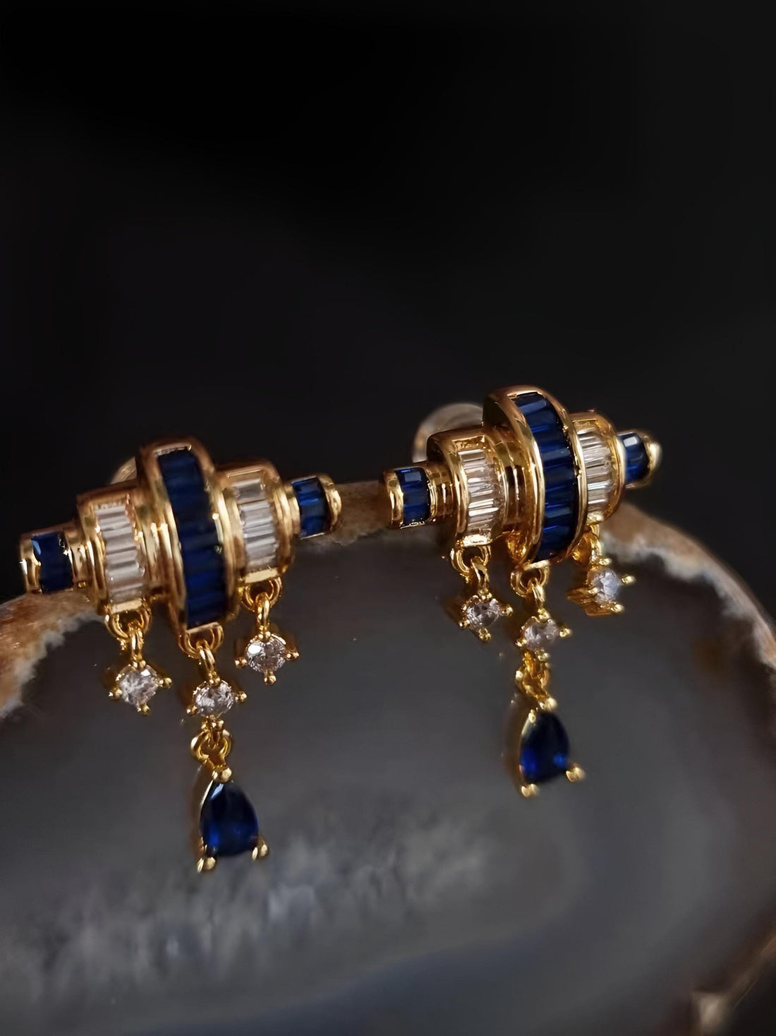 Vintage French-Inspired Small-Batch Artisanal Earrings with Baguette Diamonds and Blue Sapphires in Gold, Statement Earrings