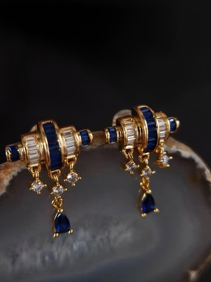 Vintage French-Inspired Small-Batch Artisanal Earrings with Baguette Diamonds and Blue Sapphires in Gold, Statement Earrings