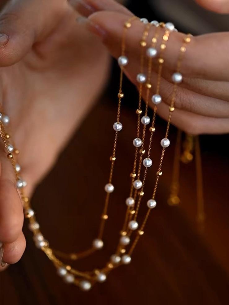 18K Solid Gold Akoya Freshwater Pearl Chain Necklace