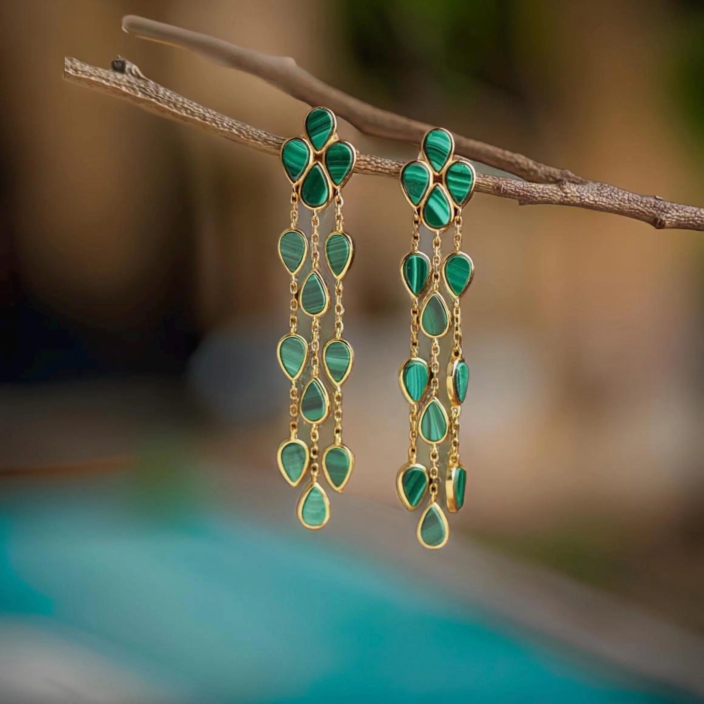 Malachite Teardrop Tassel 18K Gold Earrings