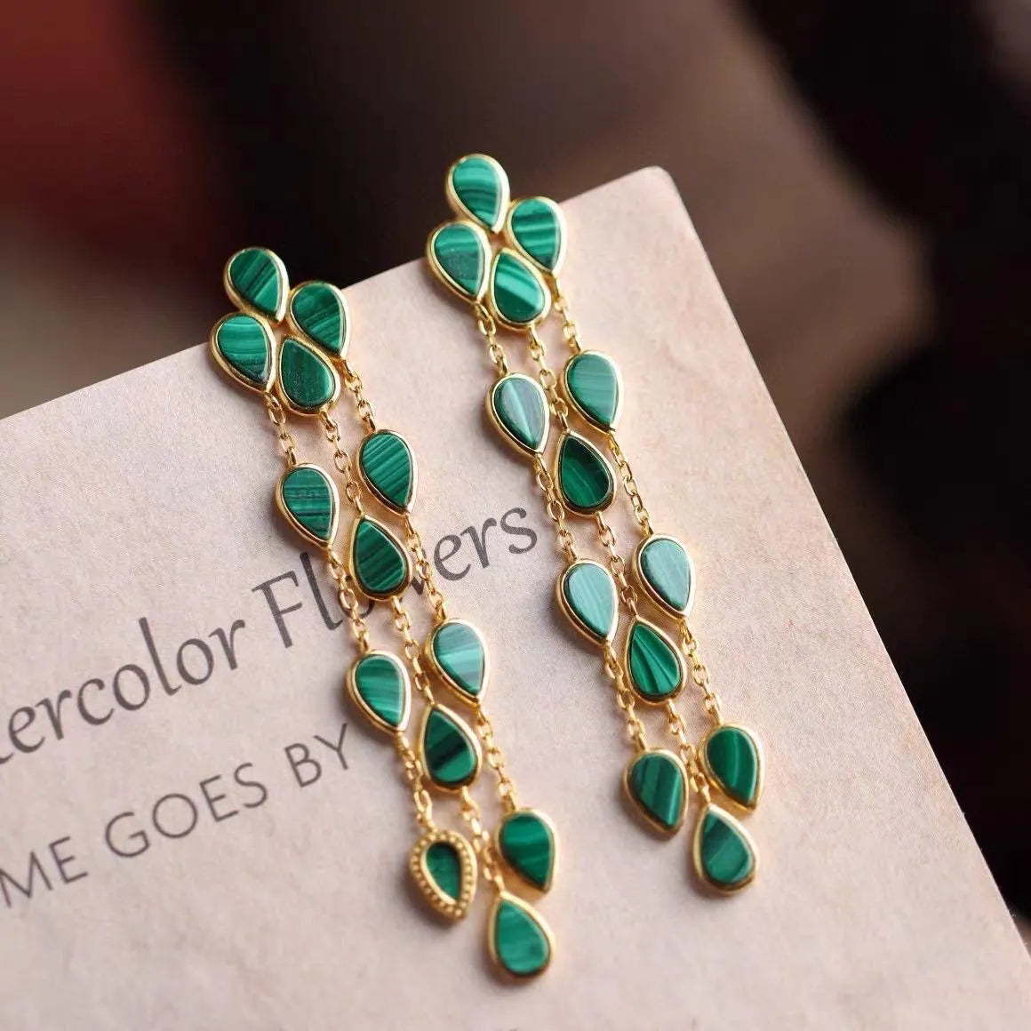 Malachite Teardrop Tassel 18K Gold Earrings