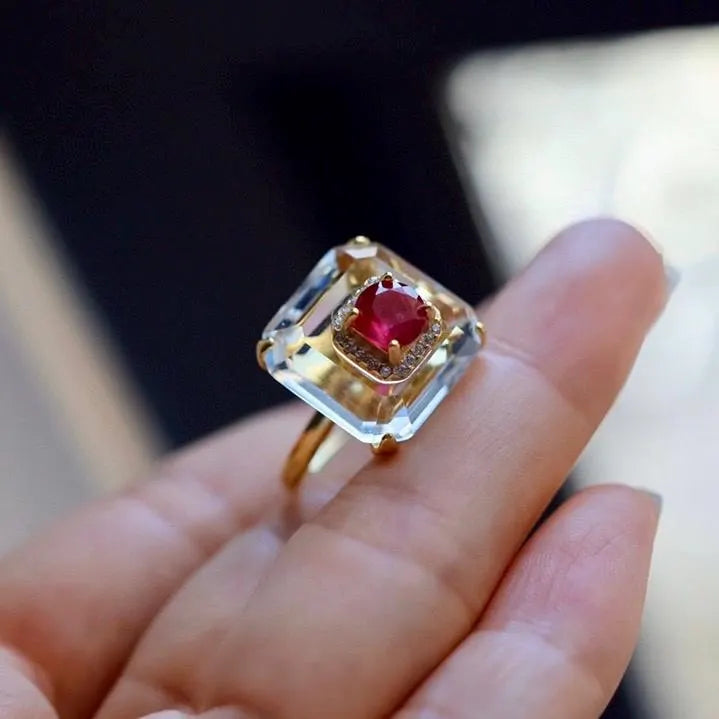 Ruby and Clear Quartz Art Deco Ring