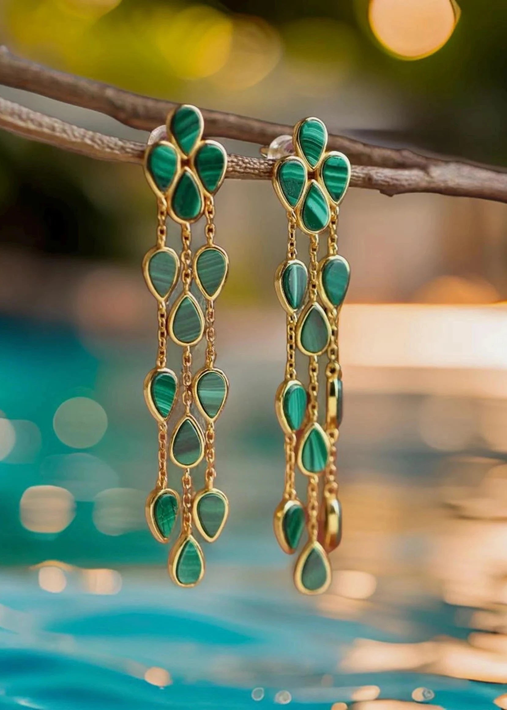 Malachite Teardrop Tassel 18K Gold Earrings