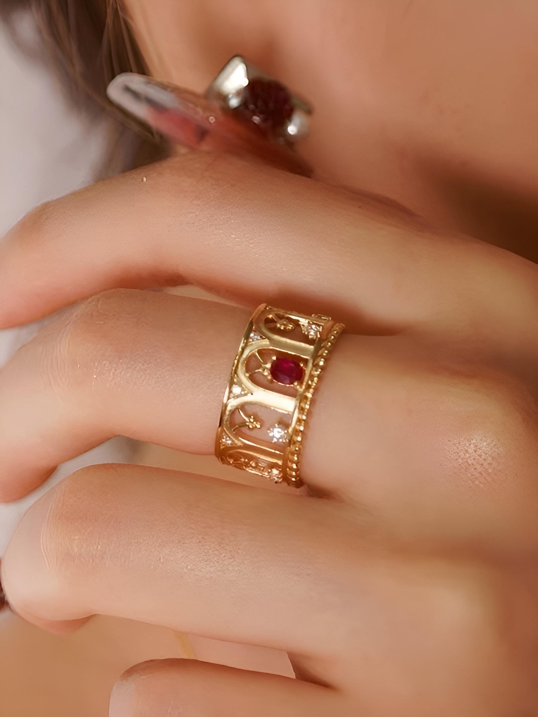 Renaissance Archway Ring in 18k Gold with Ruby/Yellow Sapphire