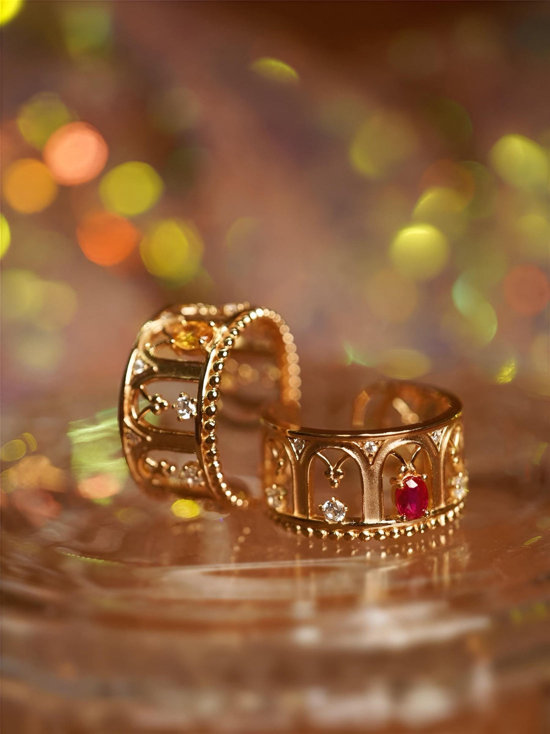 Renaissance Archway Ring in 18k Gold with Ruby/Yellow Sapphire