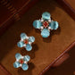 Vintage Teal Cat’s Eye Chrysoberyl Clover Statement Earrings with Natural Akoya Pearl