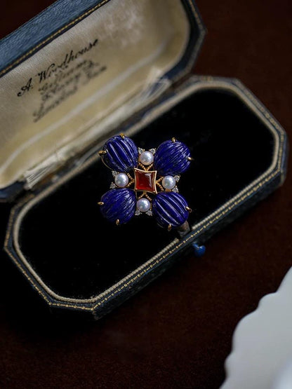 Lapis Lazuli Clover Statement Earrings with Natural Akoya Pearl