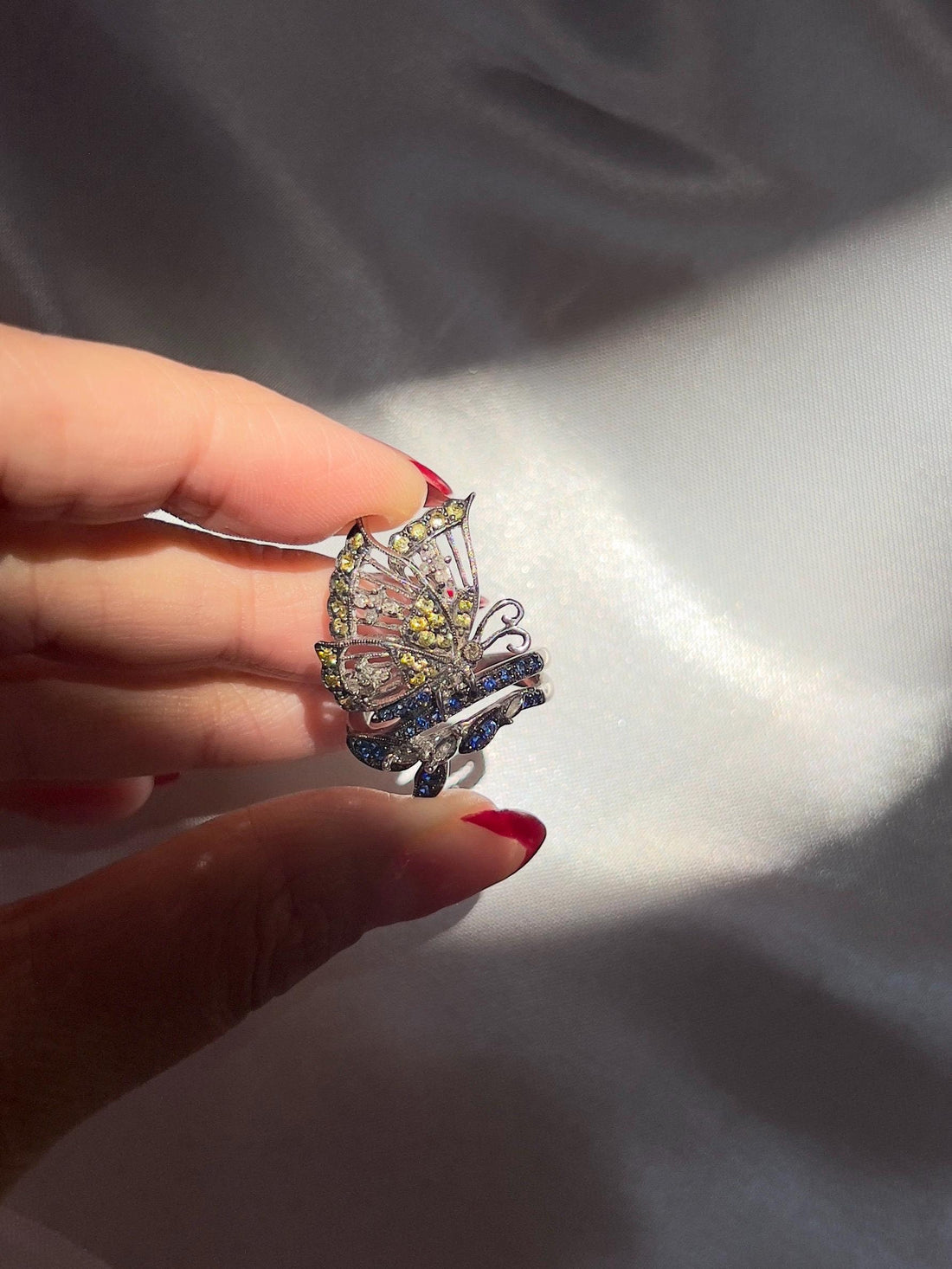 18k Solid White Gold Diamond Sapphire Butterfly Ring