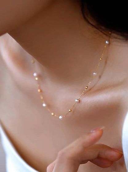18K Solid Gold Akoya Freshwater Pearl Chain Necklace