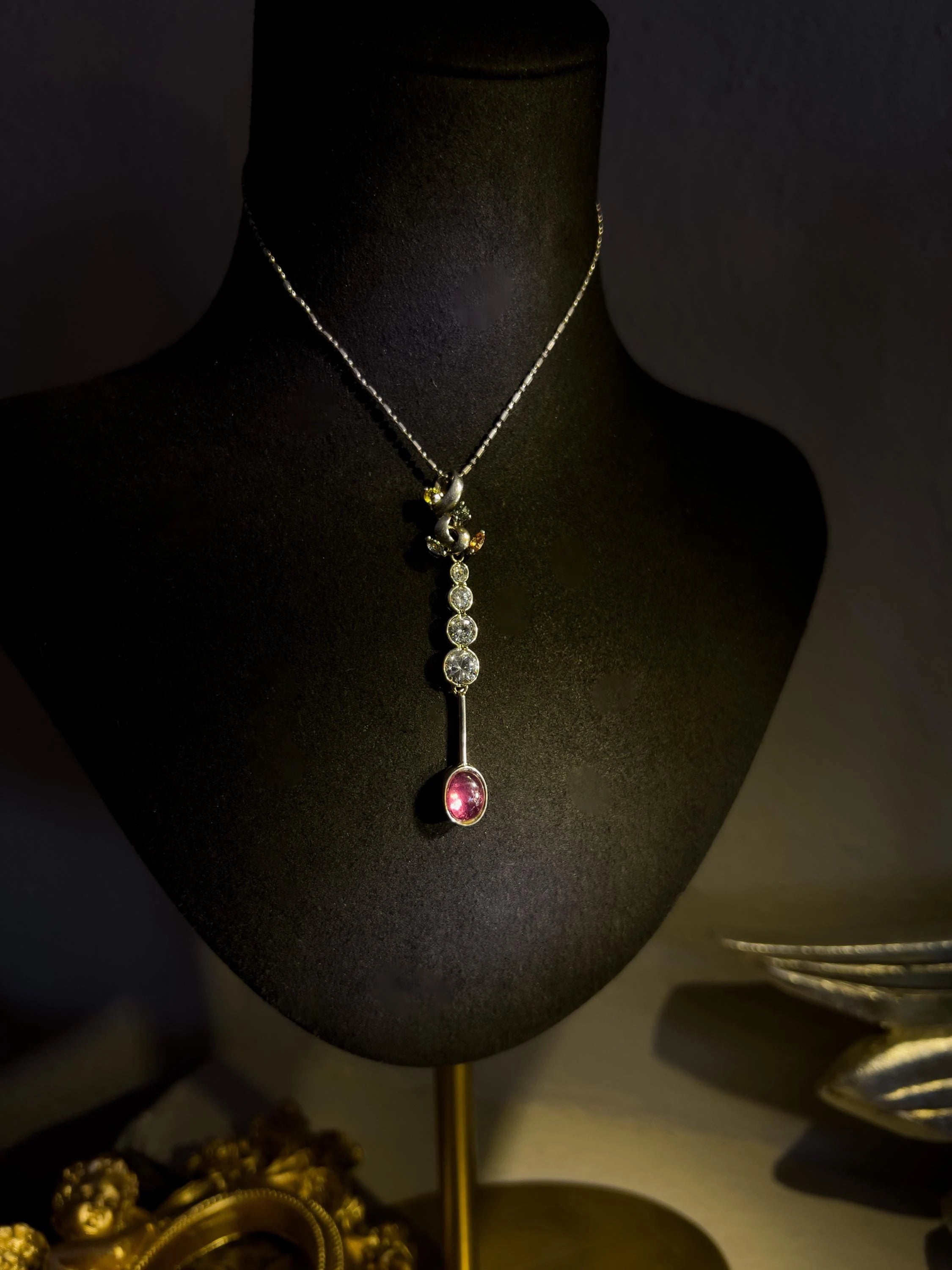 Rubellite Tourmaline Amulet Pendant Necklace with Multi-Color Quartz Crystals in .925 Sterling Silver