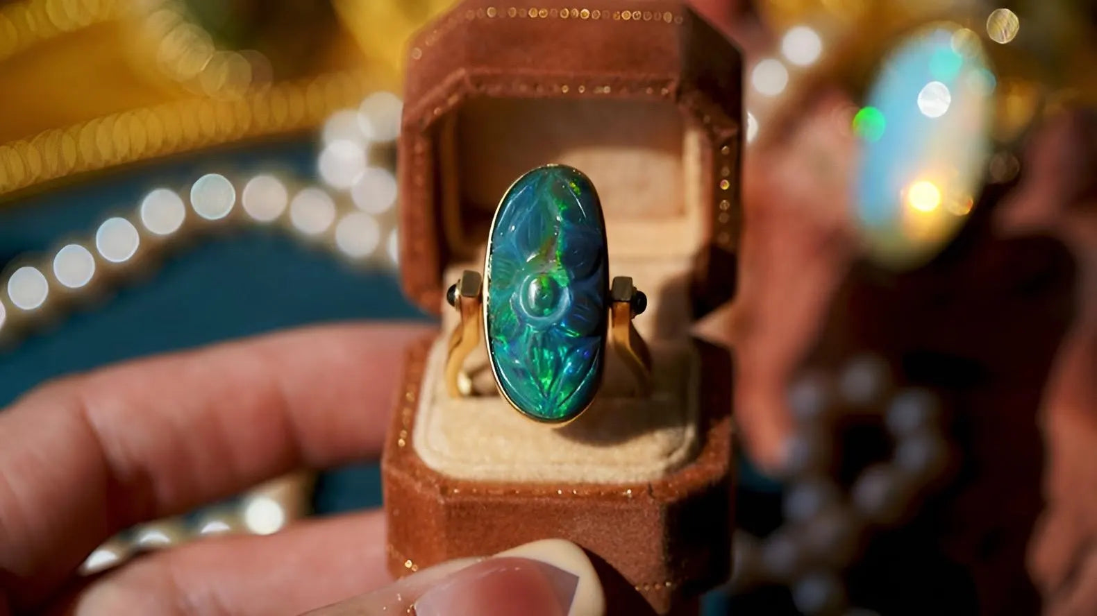 Moghul Black Opal Carved Ring in 14K Gold – Unique Double-Sided Statement Jewelry