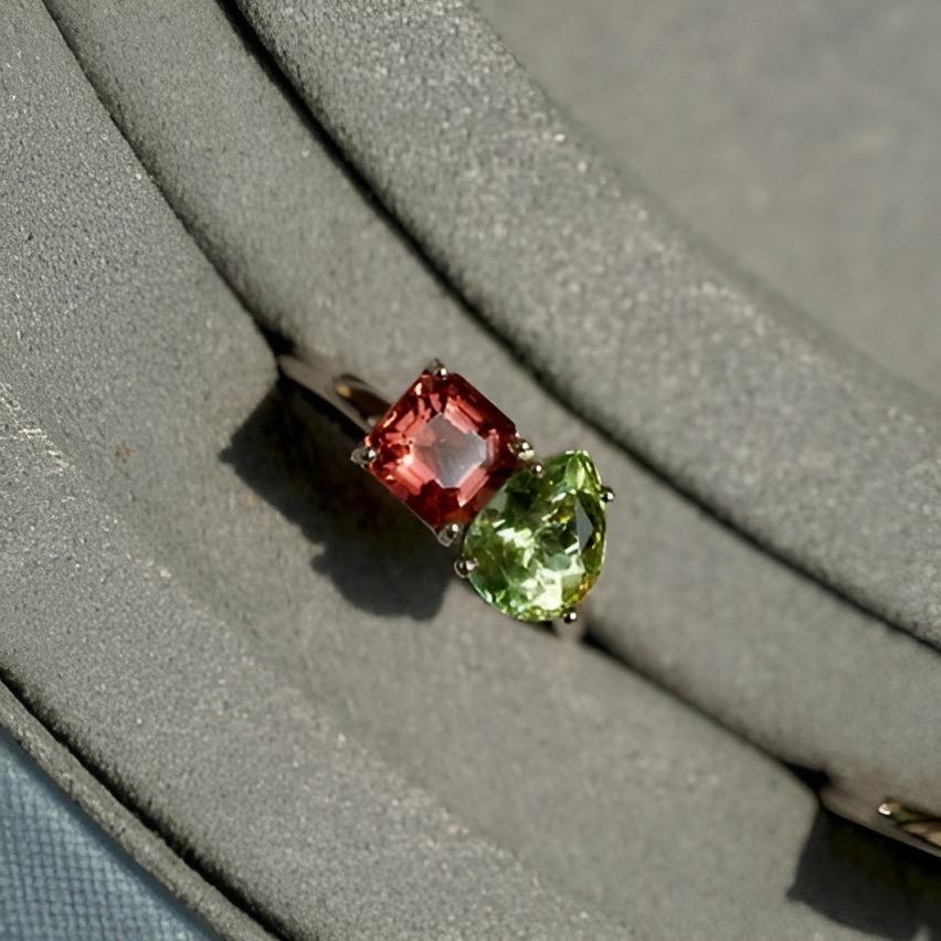 Toi et Moi Natural Rubellite & Green Tourmaline 14K White Gold Ring