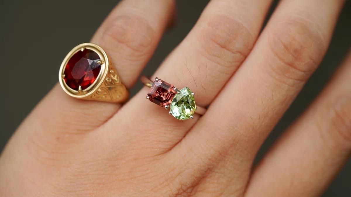 Toi et Moi Natural Rubellite & Green Tourmaline 14K White Gold Ring