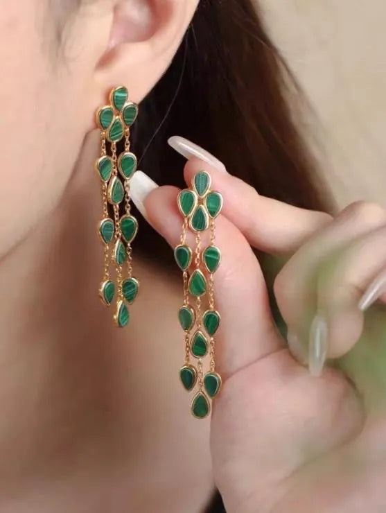 Malachite Teardrop Tassel 18K Gold Earrings