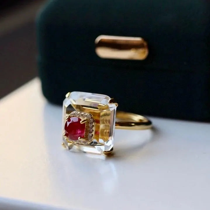 Ruby and Clear Quartz Art Deco Ring