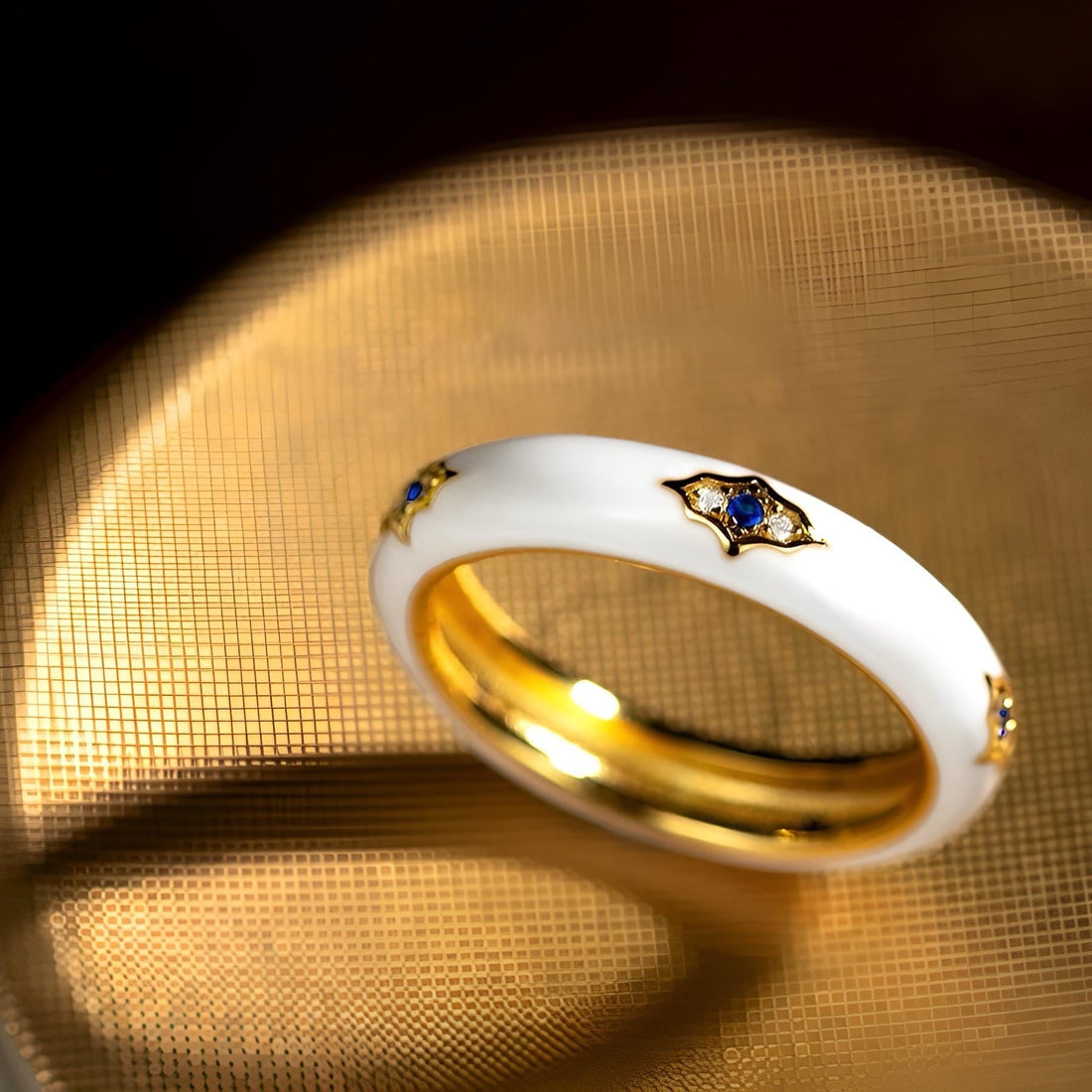 White Enamel Ring with Blue Sapphires