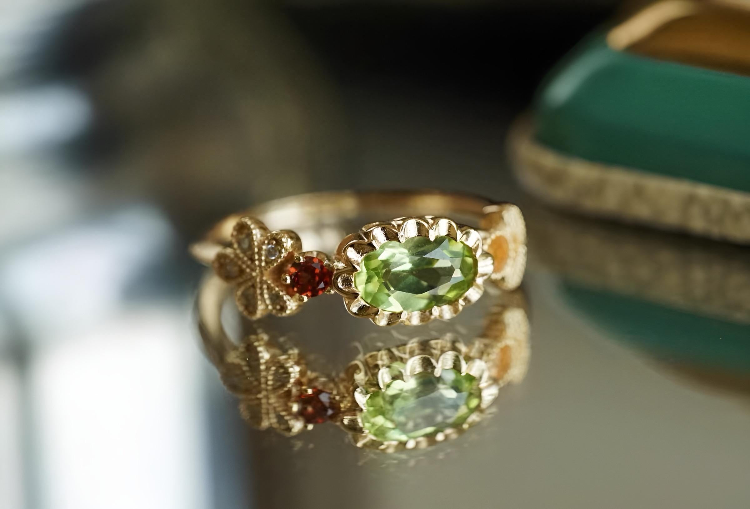 Peridot, Garnet & Citrine 14K Gold Vermeil Ring – Vintage Gemstone Floral Jewelry