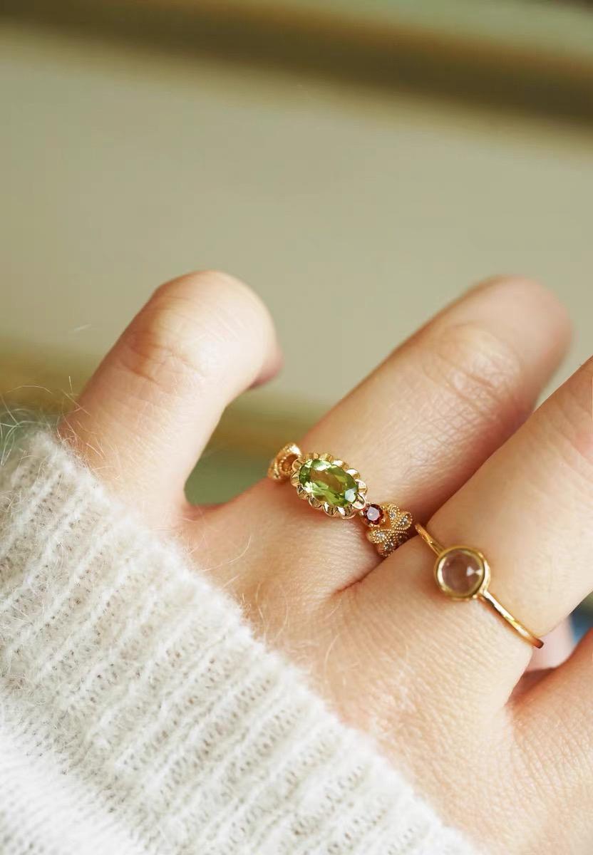 Peridot, Garnet & Citrine 14K Gold Vermeil Ring – Vintage Gemstone Floral Jewelry