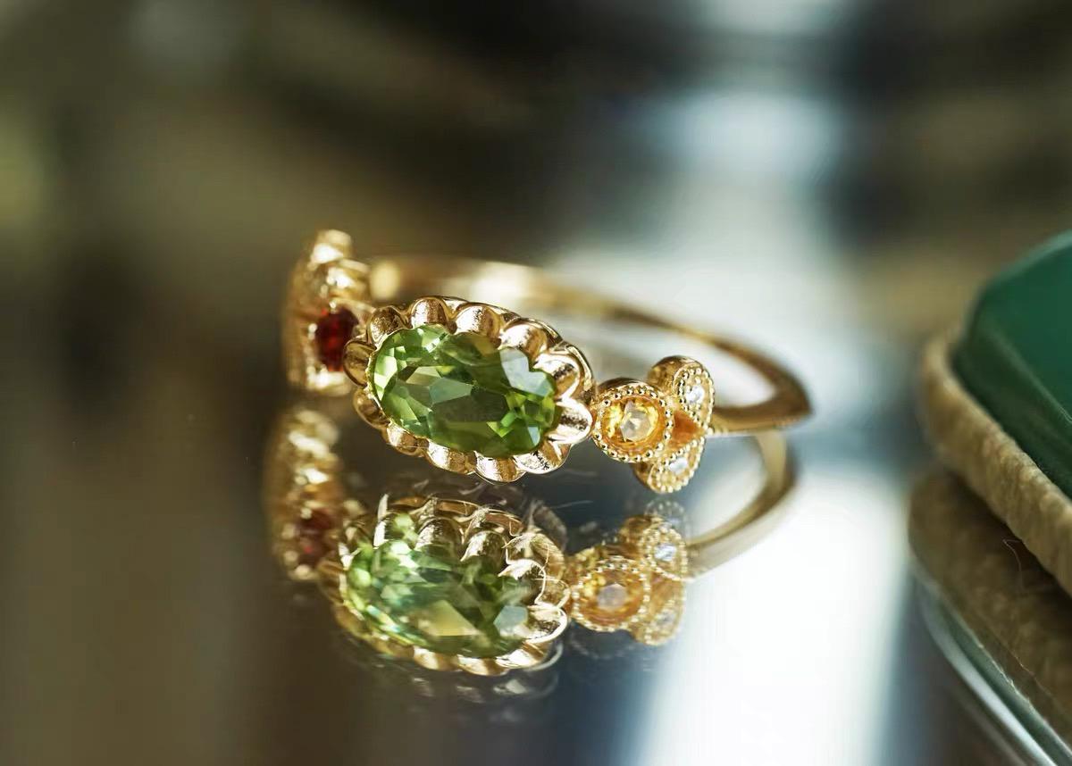 Peridot, Garnet & Citrine 14K Gold Vermeil Ring – Vintage Gemstone Floral Jewelry