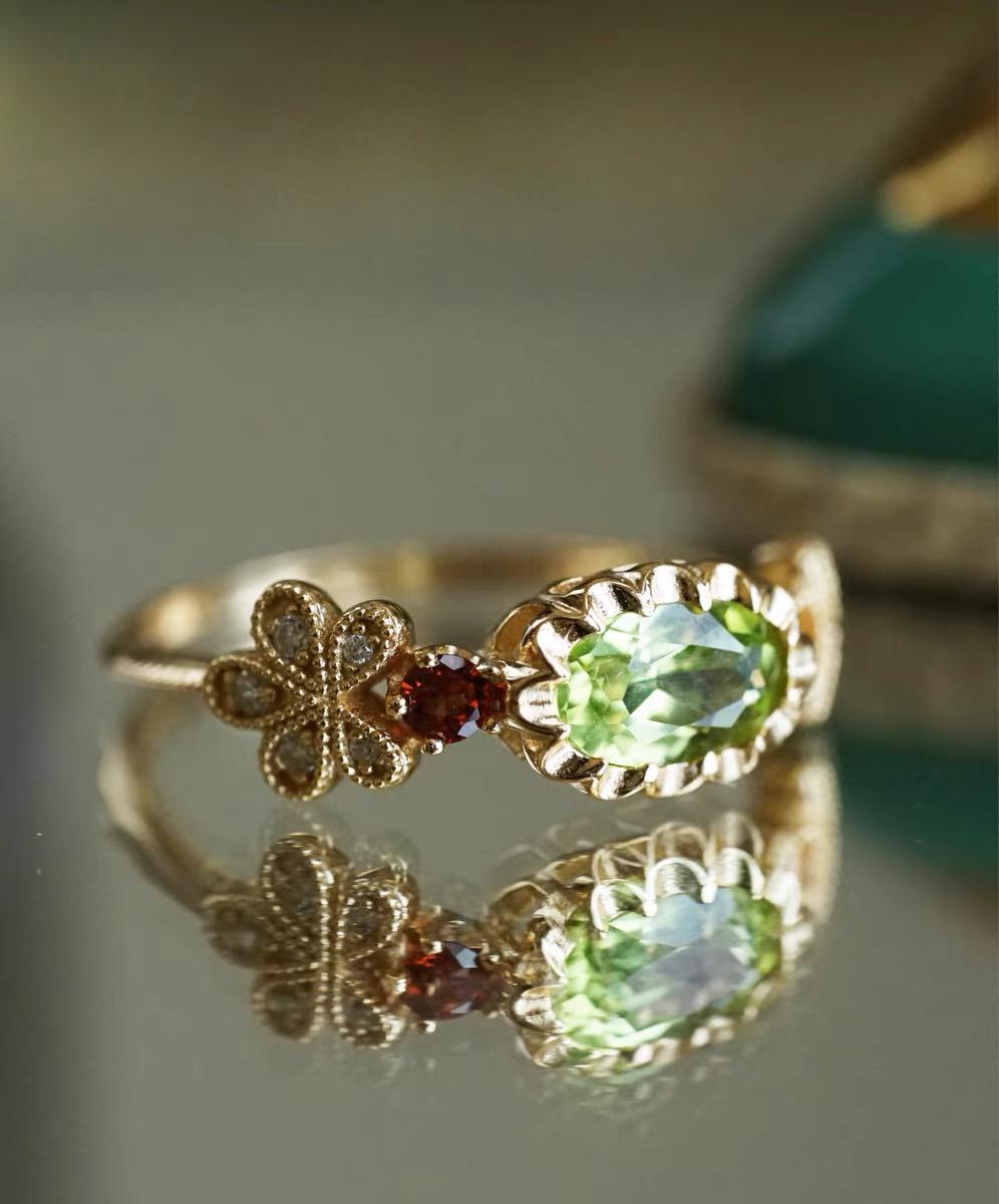 Peridot, Garnet & Citrine 14K Gold Vermeil Ring – Vintage Gemstone Floral Jewelry