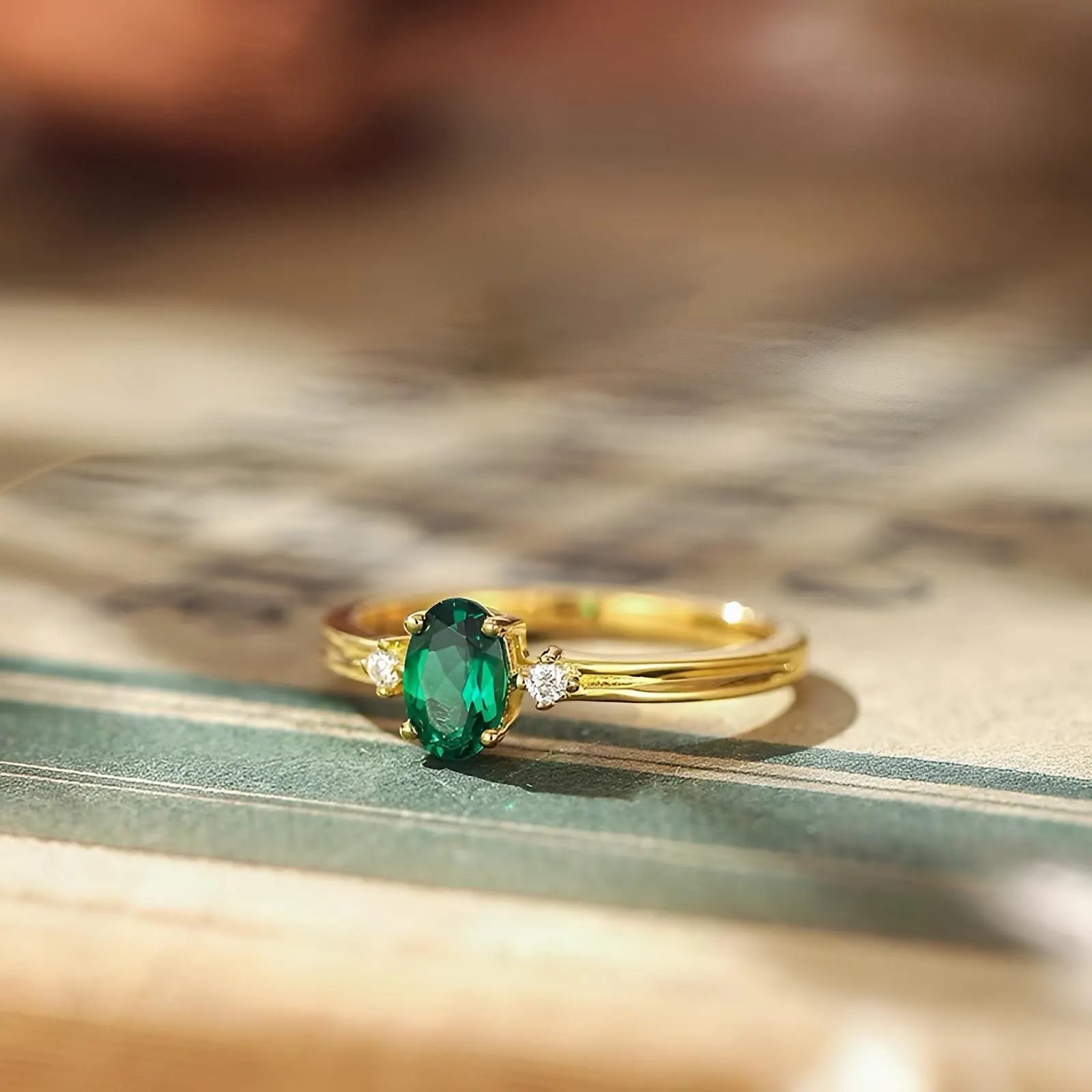 Elegant Emerald 18K Gold Ring with Sparkling Diamond Accents