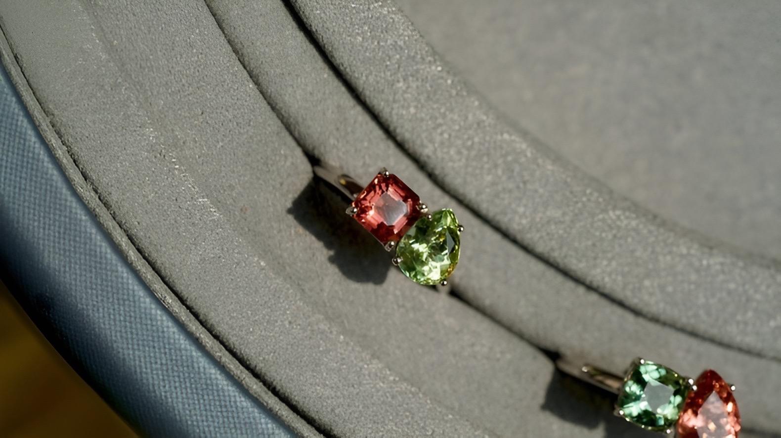 Toi et Moi Natural Rubellite & Green Tourmaline 14K White Gold Ring