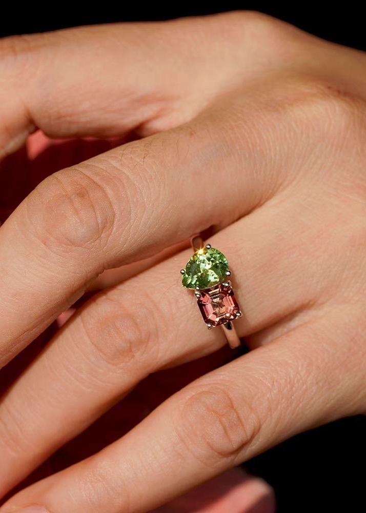 Toi et Moi Natural Rubellite & Green Tourmaline 14K White Gold Ring