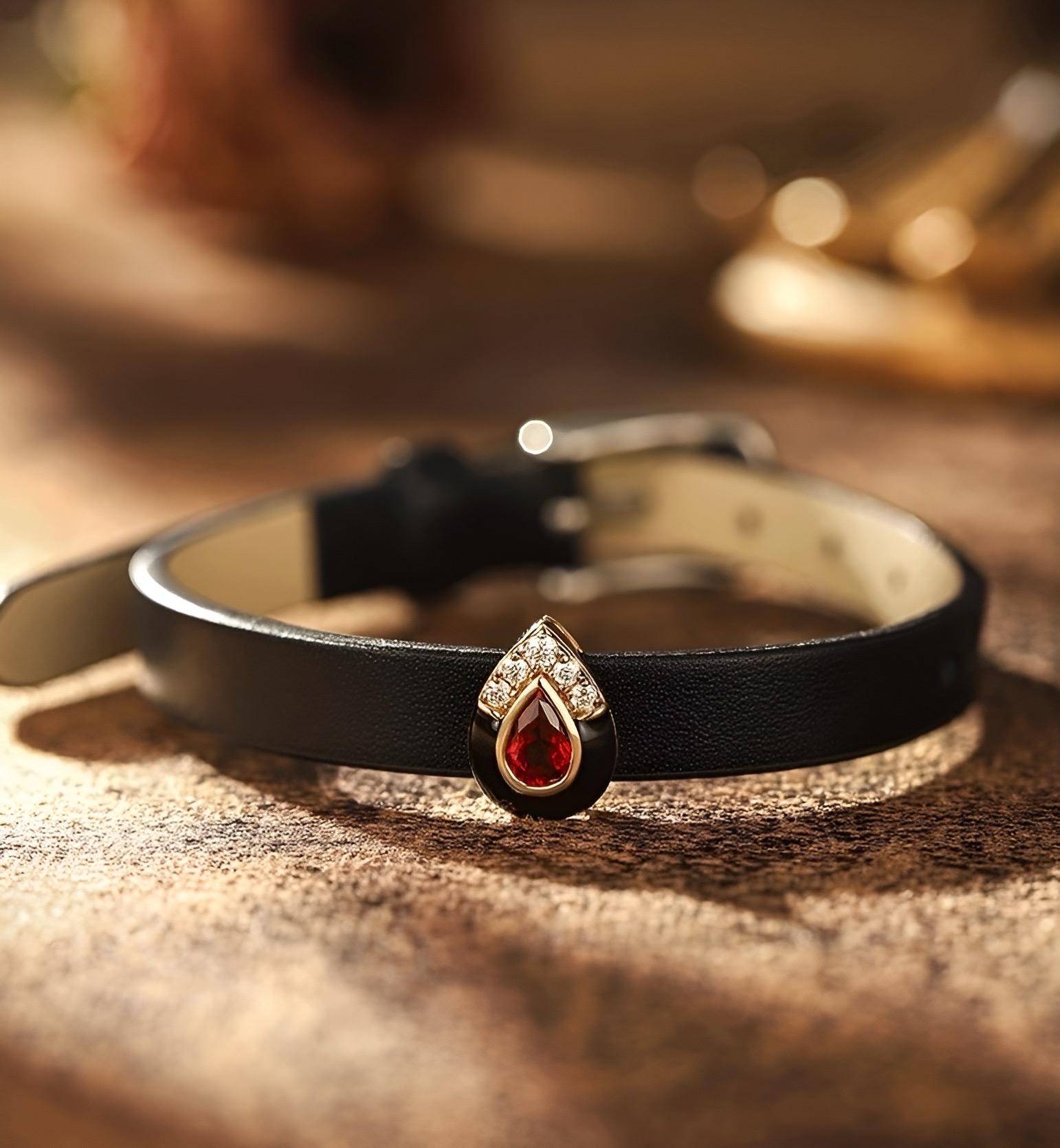 Pigeon Blood Ruby 18k Gold Vermeil & Genuine Leather Strap Bracelet