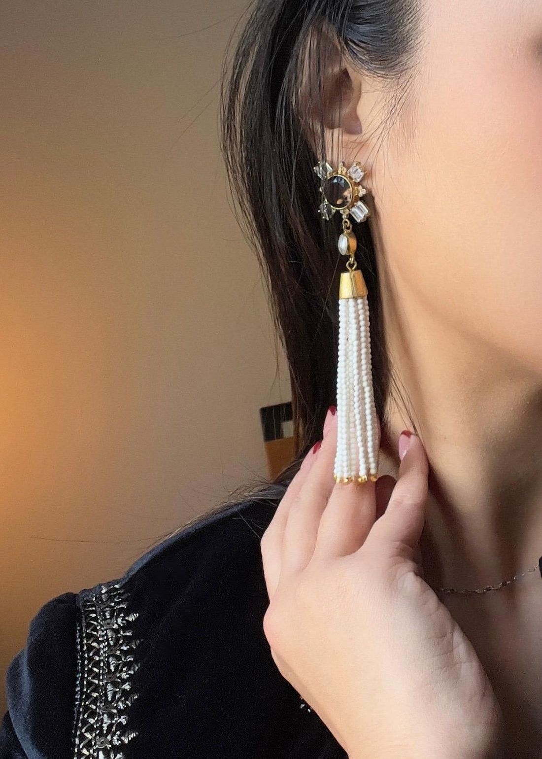 Smoky Quartz and Pearl with White Coral Beads Tassel 18k Gold Earrings