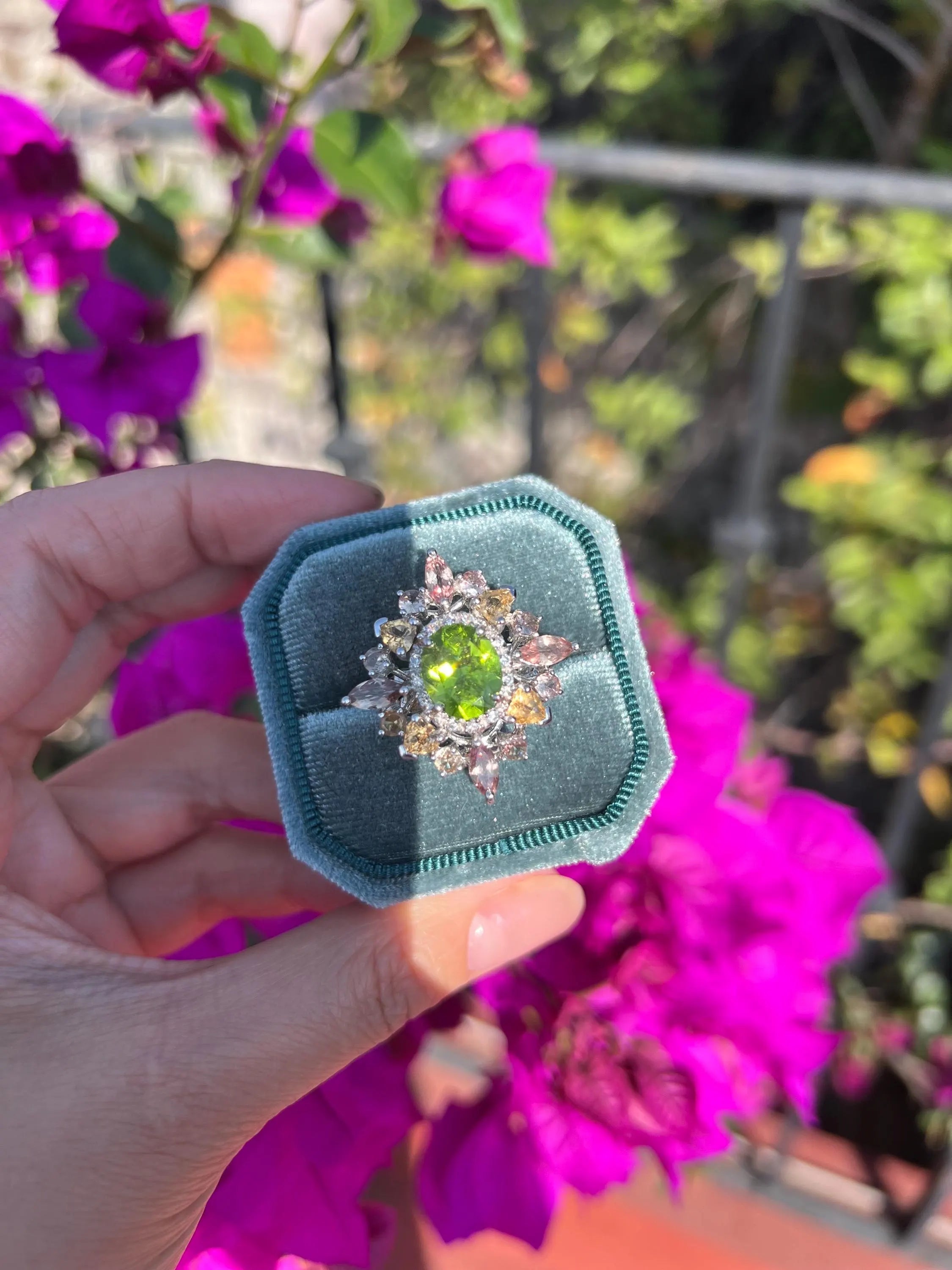 Top-Grade Natural Burmese Peridot Ring with Tourmaline Accents